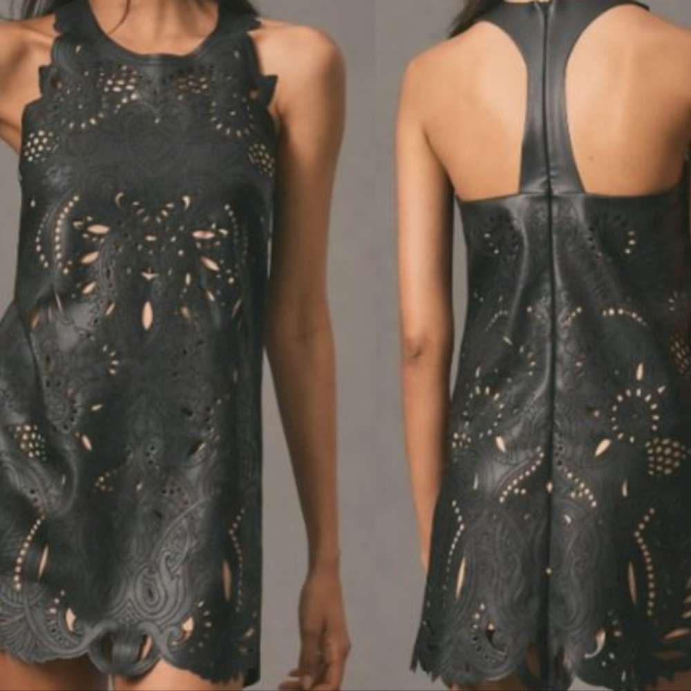 ANTHROPOLOGIE BLACK  LEATHER  CUTOUT prints DRESS SIZE S NWOT